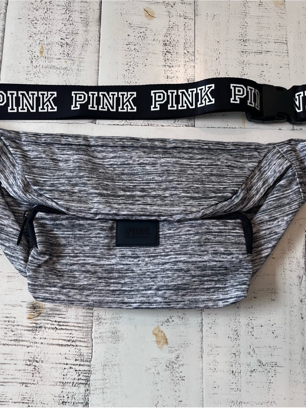 PINK Victoria's Secret Grey Marled Crossbody Belt Bag with Branded Strap